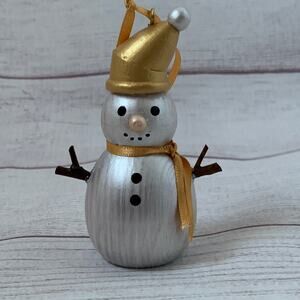 Wooden Snowman Ornament with Gold Wooden Stocking Hat 3 3/4" Tall